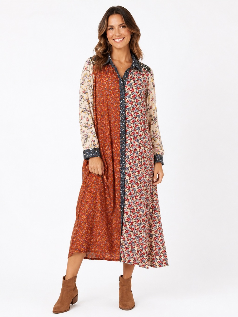 Natural Life Esme Floral Patchwork Maxi Shirt Dress XL Boho Duster